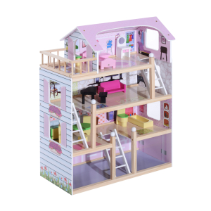 HOMCOM Casa de Bonecas com Móveis e 4 Andares Casa de Bonecas com 13 Acessórios Brinquedo de Imitação 60,5x30x80,5cm Rosa