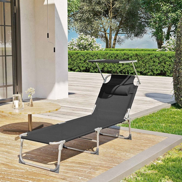 SONGMICS Espreguiçadeira, Cama de Sol, Cadeira de Sol Reclinável, com Apoio de Cabeça, Encosto Ajustável, Guarda-Sol, Leve, Dobrável, 53 x 193 x 29,5 cm, Capacidade de Carga 150 kg, para Jardim, Preto GCB192B01 - Image 3