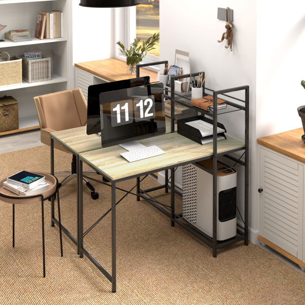 HOMCOM Secretária com Prateleira Reversível Estilo Industrial com Estrutura em Aço para Escritório 110x53x115,5 cm Carvalho e Preto - Image 7