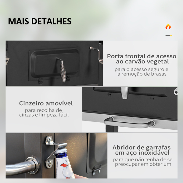 Outsunny Barbecue a Carvão com Rodas Tampa Grelhas de Aço Inoxidável Termômetro Bandeja Lateral e Prateleira 113x65x108 cm Preto - Image 6
