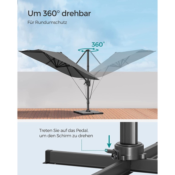 SONGMICS Guarda-sol Cantilever para Jardim e Pátio, 3 x 3 m, Quadrado Deslocado, Banana, Pendurado, FPS 50+, Rotação de 360°, Inclinação Ajustável, Manivela para Abertura e Fechamento, com Base, Cinza GPU039G01 - Image 3