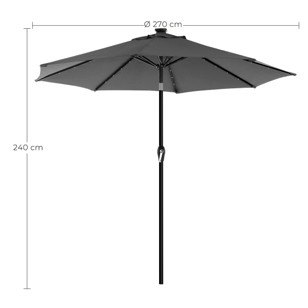 Guarda-sol de jardim SONGMICS de 2,7 m com luzes LED movidas a energia solar, proteção solar FPS 50+, basculante, manivela para abertura e fechamento, base não incluída, cinza GPU040G01 - Image 3