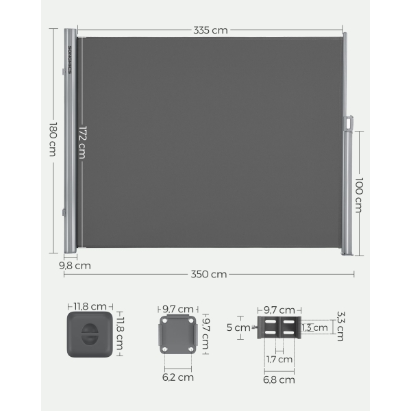 SONGMICS 180 x 350 cm (A x L), toldo lateral para varanda e terraço, proteção de privacidade, proteção solar, persiana lateral, cinza esfumaçado GSA185G - Image 2