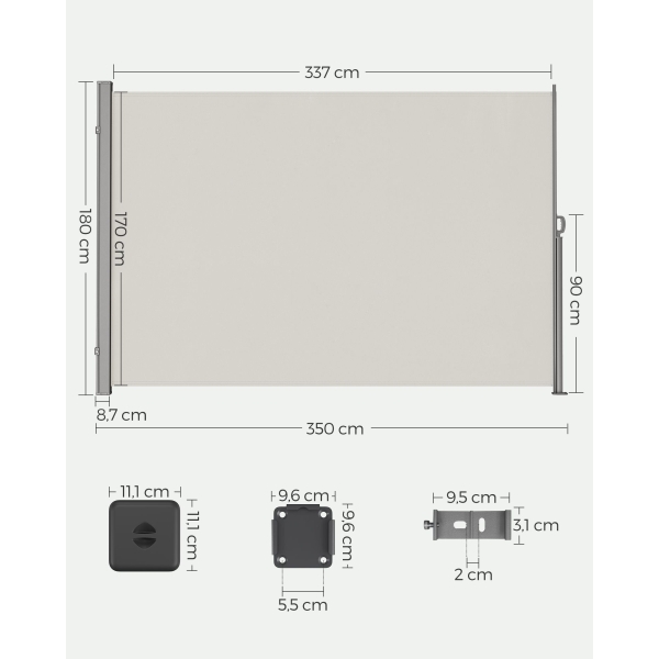 SONGMICS 180 x 350 cm (A x C), Toldo lateral para varanda e terraço, proteção de privacidade, proteção solar, persiana lateral, cinza-claro GSA185T02 - Image 2