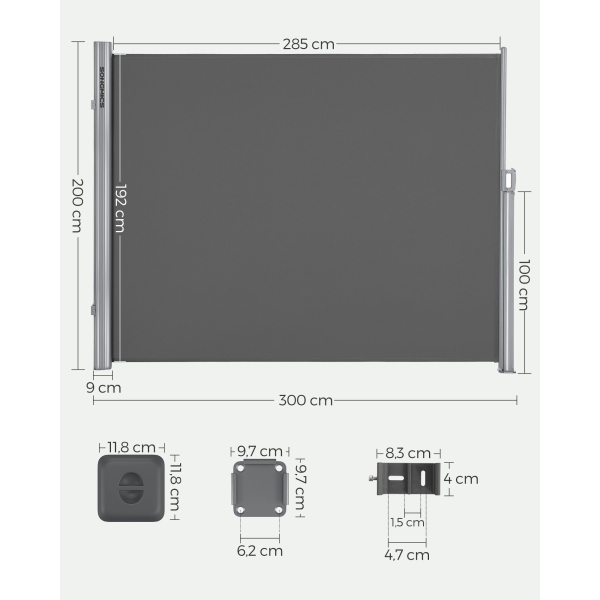 SONGMICS 2 x 3 m (A x C), toldo lateral para varanda, pátio, terraço e jardim, com montagem no piso, proteção de privacidade, proteção solar, persiana lateral, cinza GSA200G - Image 2