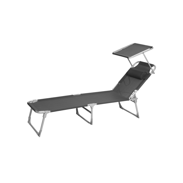 SONGMICS Espreguiçadeira, Cama de Sol, Cadeira de Sol Reclinável, com Apoio de Cabeça, Encosto Ajustável, Guarda-Sol, Leve, Dobrável, 53 x 193 x 29,5 cm, Capacidade de Carga 150 kg, para Jardim, Cinza Escuro GCB19UV1 - Image 2