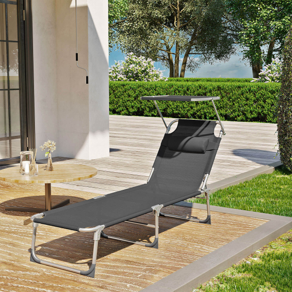 SONGMICS Espreguiçadeira, Cama de Sol, Cadeira de Sol Reclinável, com Apoio de Cabeça, Encosto Ajustável, Guarda-Sol, Leve, Dobrável, 53 x 193 x 29,5 cm, Capacidade de Carga 150 kg, para Jardim, Cinza Escuro GCB19UV1 - Image 3