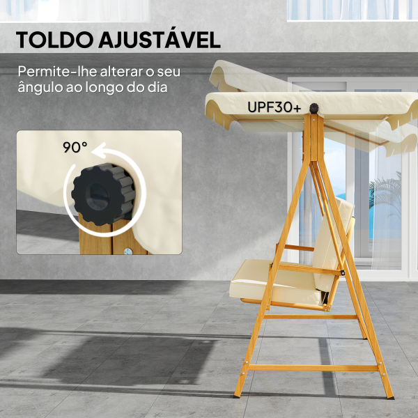 Outsunny Baloiço de Jardim de 3 Lugares com Toldo Ajustável Almofadas e Estrutura com Veios de Madeira 195x120x170 cm Madeira e Creme - Image 5