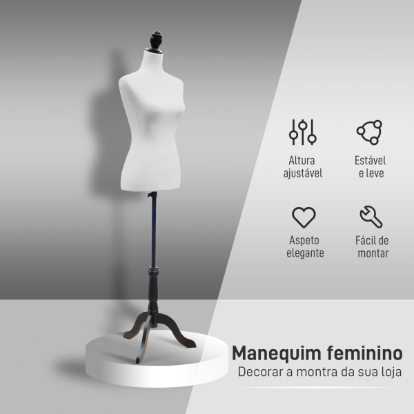 HOMCOM Manequim de Costura Feminino Manequim de Costura Ajustável a 130-168 cm com Tripé de Madeira Branco - Image 4