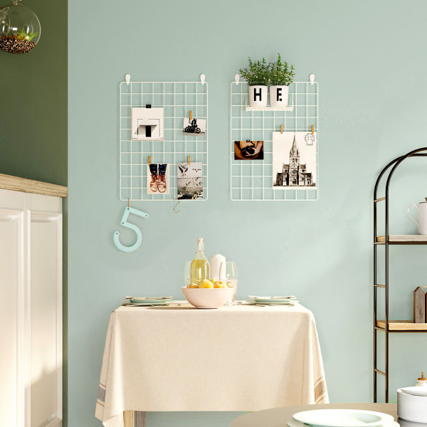 Painéis de grade SONGMICS, Exibição de parede de fotos, Decoração de parede de malha de metal, Faça você mesmo, Parede de quadros suspensa, Gancho S, Clipe, Cordão de cânhamo, Conjunto de 2, Branco LPP01W - Image 2