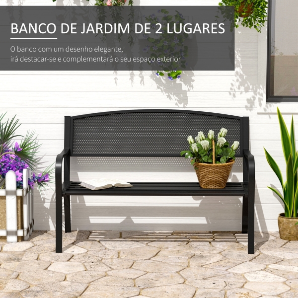 Outsunny Banco de Jardim de 2 Lugares Banco de Exterior com Encosto de Malha de Aço para Pátio Varanda 127x60x87 cm Preto - Image 4