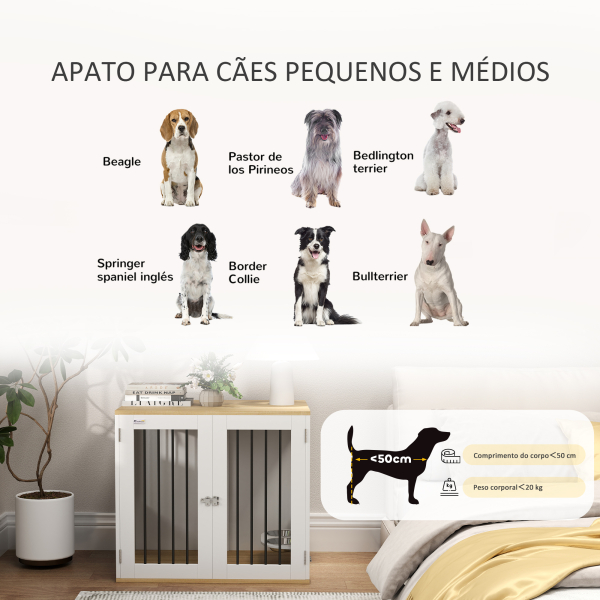 PawHut Gaiola para Cães 2 em 1 Mesa Auxiliar com 2 Portas com Trava Comedouro Giratório de 360° 2 Tigelas 80x55x71,5 cm Branco - Image 7