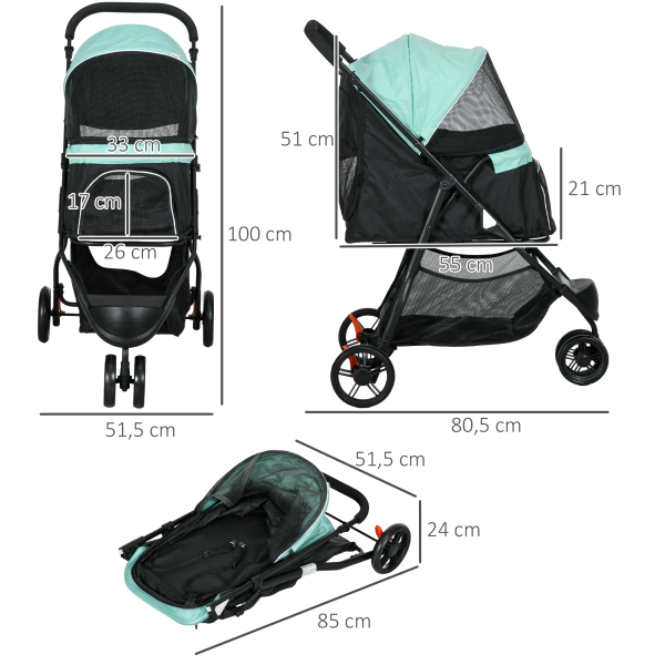 PawHut Carrinho para Cães Dobrável para Cães Pequenos com Cesta de Armazenamento Janela de Malha Capa para Chuva 80,5x51,5x100 cm Verde - Image 3