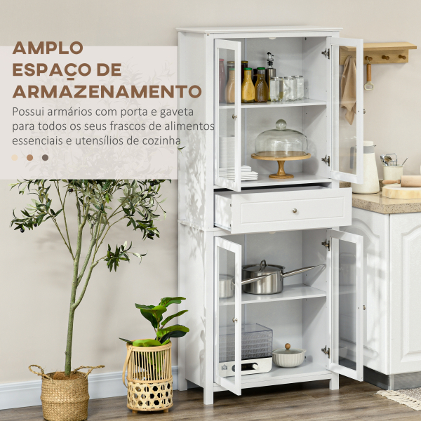 HOMCOM Armário de Cozinha com 4 Portas de Vidro Temperado Gaveta e Prateleiras Ajustáveis 74x35,5x181,5 cm Branco - Image 4