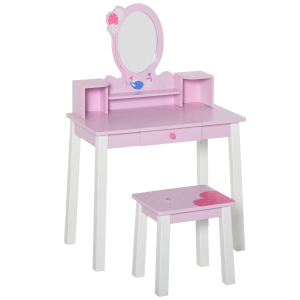 HOMCOM Toucador Infantil com Banco e Espelho Mesa de Maquilhagem Infantil Estilo Princesa de Madeira 59x39x92cm Rosa
