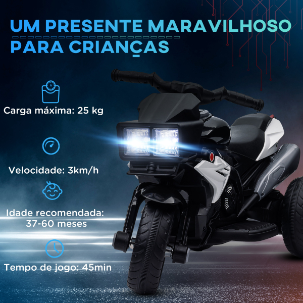 HOMCOM Motocicleta Elétrica Infantil com 3 Rodas para Crianças acima de 3 anos Bateria 6V com Luzes e Música 86x42x52 cm Branco - Image 7