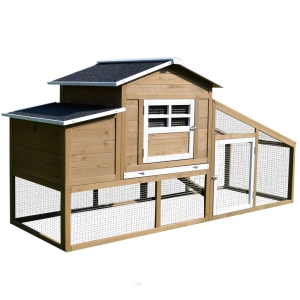 PawHut Galinheiro de Madeira Exterior Gaiola para 2-4 Galinhas com Grade de Arame Tetos Asfálticos Ninho Bandeja Removível Rampa e Zona Aberta 200x80x105cm Natural e Preto