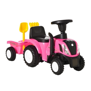 HOMCOM Trator para Crianças de 12-36 Meses com Reboque Removível Carro Andador com Buzina Farol Pá e Ancinho Carga 25kg 91x29x44cm Rosa