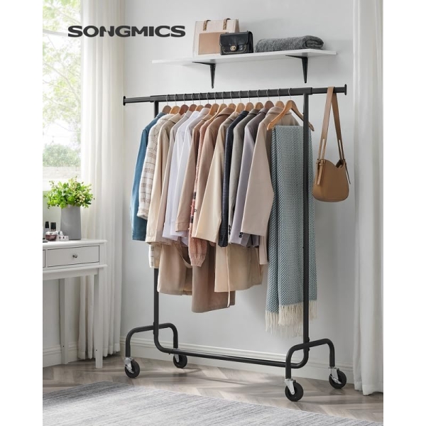 Cabideiro SONGMICS com rodas, cabideiro para roupas de alta resistência com haste extensível, capacidade de carga de 128 kg, 44,5 x (110 x 150 cm), preto fosco UHSR011B01 - Image 2