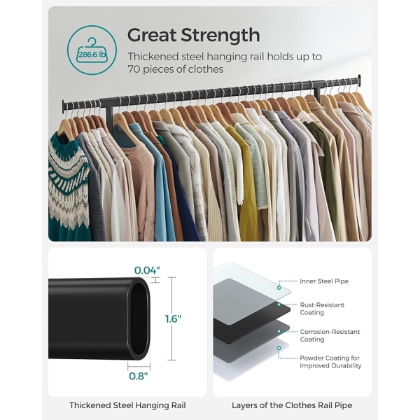 Cabideiro SONGMICS com rodas, cabideiro para roupas de alta resistência com haste extensível, capacidade de carga de 128 kg, 44,5 x (110 x 150 cm), preto fosco UHSR011B01 - Image 3
