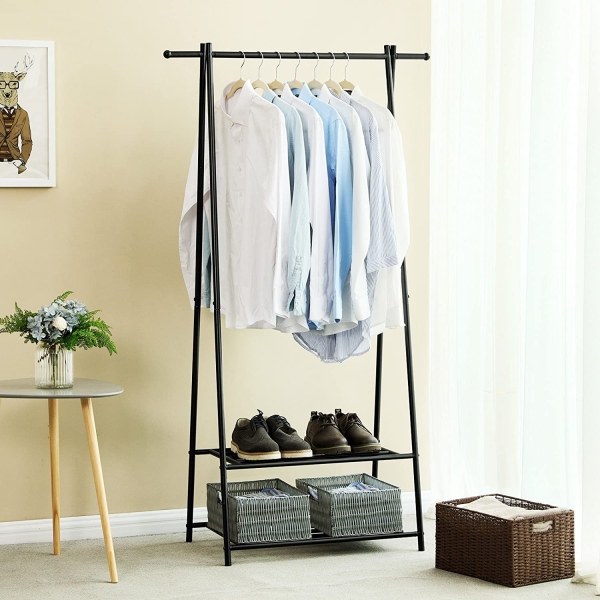 Cabideiro SONGMICS, cabideiro, cabideiro com prateleira de armazenamento de 2 níveis para sapatos e cestos, estrutura de metal, economiza espaço, ideal para quarto, entrada, escritório e muito mais, preto HSR05B - Image 2