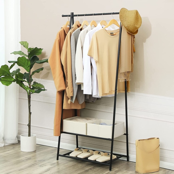 Cabideiro SONGMICS, cabideiro, cabideiro com prateleira de armazenamento de 2 níveis para sapatos e cestos, estrutura de metal, economiza espaço, ideal para quarto, entrada, escritório e muito mais, preto HSR05B - Image 3