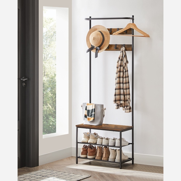 HSR411B01 Clothes Rack Coat Rack with 9 Removable Hooks Bench - Image 2
