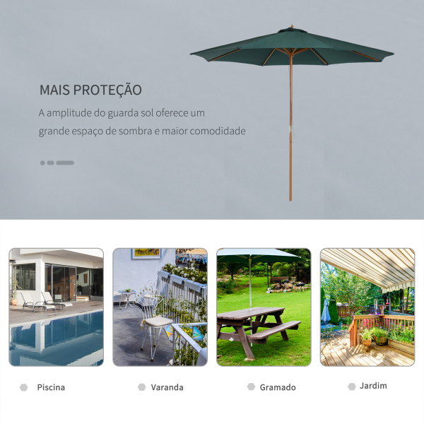 Outsunny Chapéu de Sol Ø300x250cm Chapéu de Sol com Mastro de Madeira com 8 Hastes Sistema de Polia com Fixação Verde - Image 4