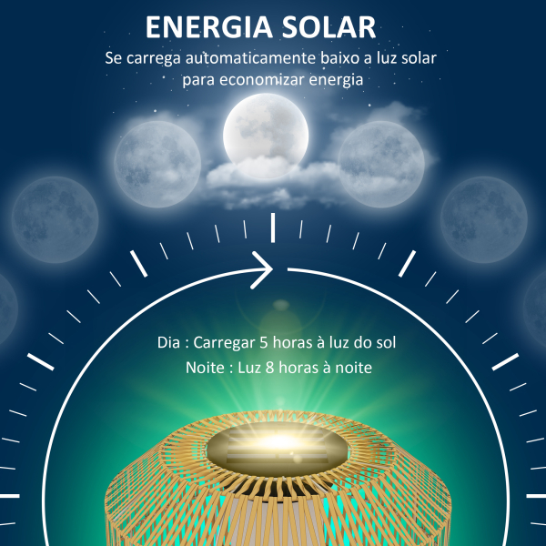 Outsunny Candeeiro Solar em Vime Sintético com Luzes LED Ligação e Desligação Automática Desenho Boémio Impermeável Ø30x55 cm Madeira - Image 5