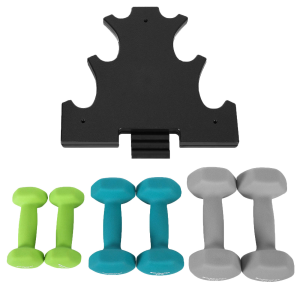 Conjunto de halteres hexagonais SONGMICS com suporte - 2 x 1 kg, 2 x 2 kg, 2 x 3 kg, acabamento fosco em neoprene, pesos de mão para exercícios em casa, verde-limão, azul-petróleo e cinza claro SYL612GN - Image 3