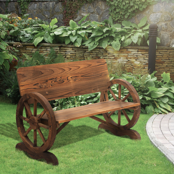 Outsunny Banco de Jardim de Madeira Banco de Exterior com 2 Rodas Decorativas Estilo Rústico 114x58x80 cm Marrom Carbonizado - Image 2