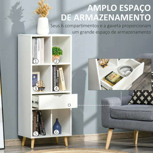 HOMCOM Estante para Livros com 6 Compartimentos Abertos 1 Gaveta e Pés de Madeira para Armazenamento de Brinquedos CDs Plantas 50x29,5x120cm Branco - Image 4