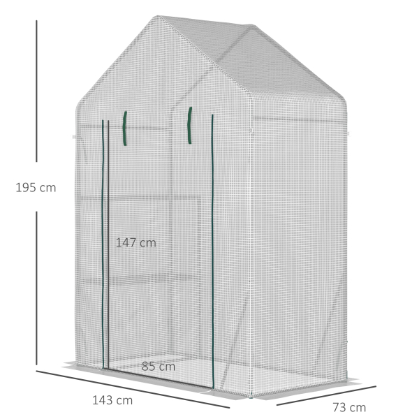 Outsunny Estufa de Jardim 143x73x195cm Estufa de Aço com 2 Prateleiras e Porta Enrolável para Cultivos de Plantas Vasos de Flores Pátio Exterior Branco - Image 3