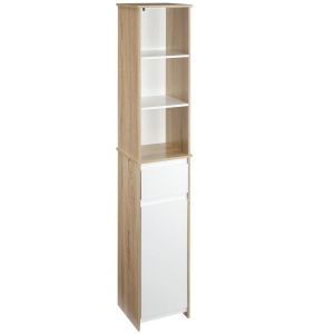 Kleankin Armário de banheiro alto com 1 porta  gaveta e 3 estantes Prateleira ajustável para sala de estar de cozinha 32,6x30x171,2 cm Madeira natural e branco