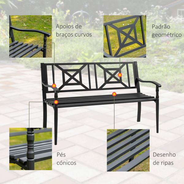 Outsunny Banco de Jardim de 2 Lugares Banco de Exterior de Aço com Apoio para os Braços e Encosto Decorativo para Terraço Varanda Pátio Carga 280kg 128x62,5x81,5cm Preto - Image 6