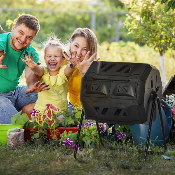 Outsunny Compostor de Tambor Giratório com Capacidade de 160L de Dupla Câmera e Ventilação Estrutura de Aço para Resíduos Orgânicos de Jardim 71x64x92cm Preto - Image 2