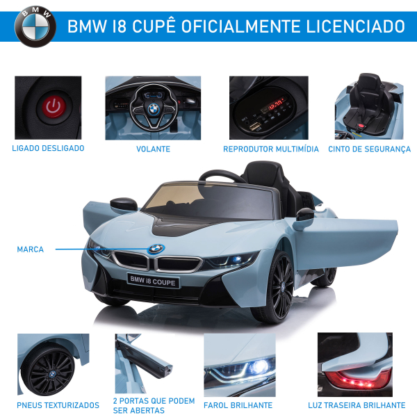 HOMCOM Carro Elétrico BMW I8 COUPE para Crianças com Bateria 6V Controlo Remoto e Manual Música MP3 e Faróis 115x72,5x46 cm Azul - Image 5