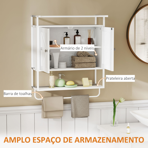 HOMCOM Armário de Parede para Casa de Banho Multiusos com 2 Portas Prateleira e Barra para Toalhas 63x34x75 cm Branco - Image 4