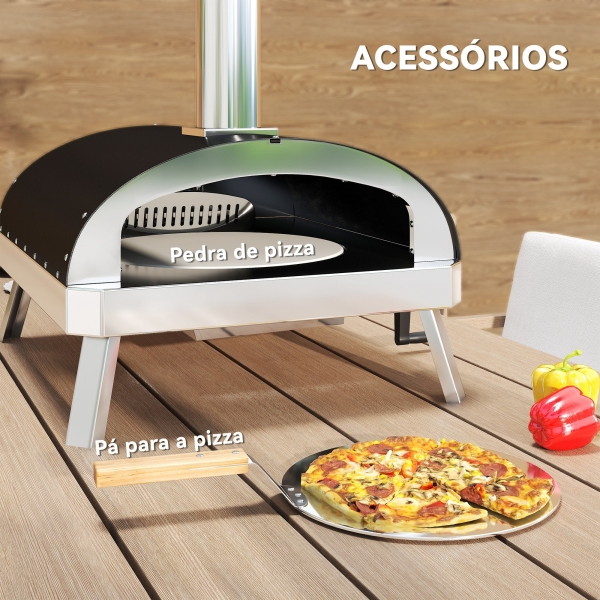 Outsunny Mini Forno de Pizza Exterior Portátil Forno a Lenha com Pedra Refratária Ø33 cm Termómetro e Bandeja Giratória 84x47x82 cm Prata - Image 8