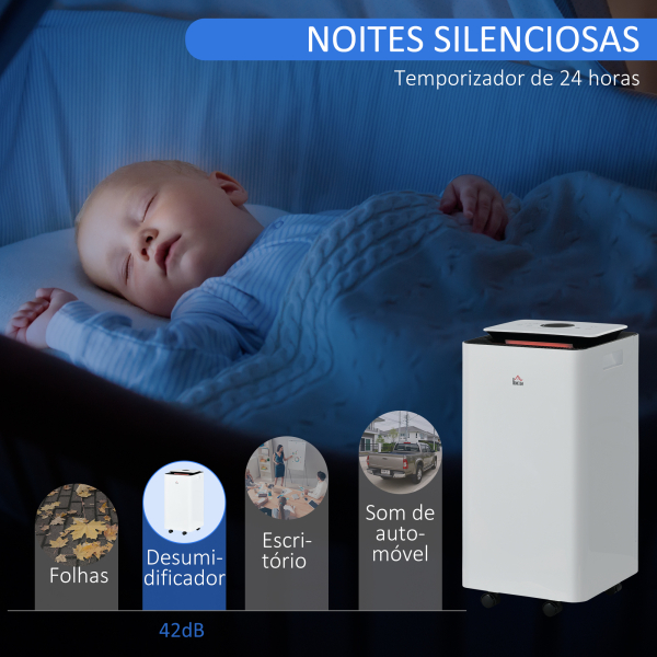 HOMCOM Desumidificador Elétrico 10L/dia Depósito 2,5L Silencioso com 5 Modos 2 Velocidades Ecrã LED e Temporizador 25x25x50,5 cm Branco - Image 7
