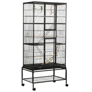 PawHut Gaiola para Pássaros com Rodas de 3 Níveis com 3 Poleiros Comedouros Brinquedos Rampas e Prateleira 83x53x180 cm Preto