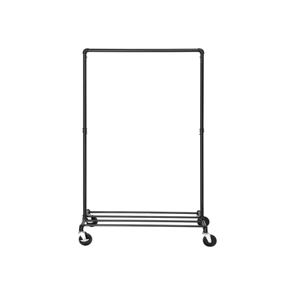 Cabideiro de metal reforçado com rodas SONGMICS, suporta 90 kg, design industrial, cabideiro com 1 varão e prateleira, para lavanderia de quarto, preto HSR61BK