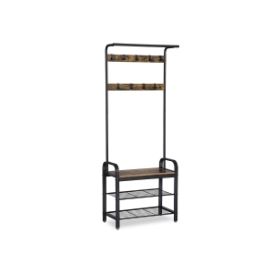 Cabideiro VASAGLE, cabideiro com banco para sapatos, design 4 em 1, com 9 ganchos removíveis, um varão para roupas, para corredor, entrada, 33,7 x 77 x 183 cm, industrial, marrom rústico e preto HSR40B