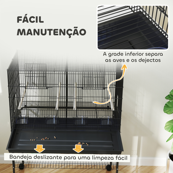 PawHut Gaiola para Pássaros com Divisória Rodas Gaiola para Aves com Comedouros Poleiros e Bandeja Removível 94x57x128 cm Preto - Image 7