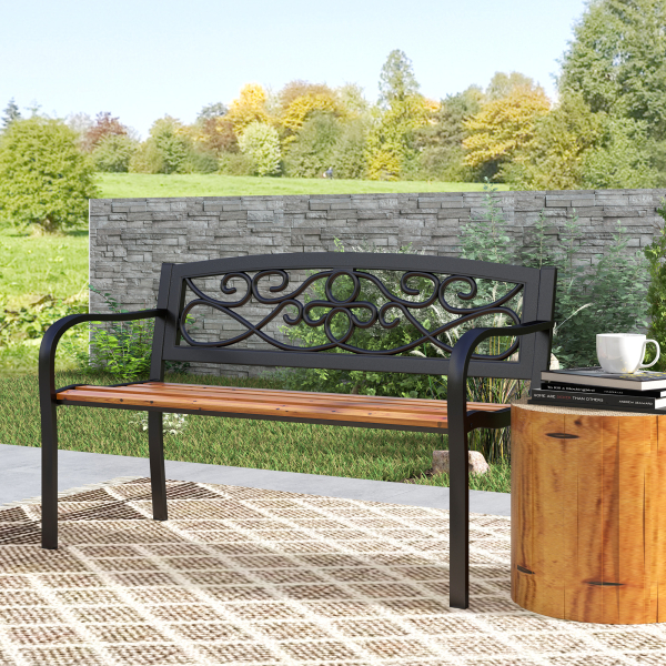 Outsunny Banco de Jardim de 2 Lugares Banco de Exterior com Assento de Madeira e Estrutura de Aço 127x56x80 cm Madeira e Preto - Image 8