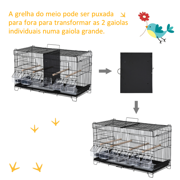 PawHut Gaiola para Pássaros com Divisória Ganchos Superiores Portas Comedouros Poleiros e Bandeja Amovível 59,5x26,5x39,5 cm Preto - Image 6