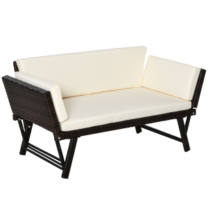 Outsunny Sofá de 2 Lugares Vime Sintético Convertível em Cama Sofá de Jardim Exterior com Almofada Mobiliário Pátio Terraço 129x63x67 cm Marrom e Bege