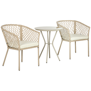 Outsunny Conjunto 3 Peças de Jardim em Vime com 2 Poltronas e 1 Mesa de Centro Redonda com Tampo de Vidro Temperado Natural e Caqui