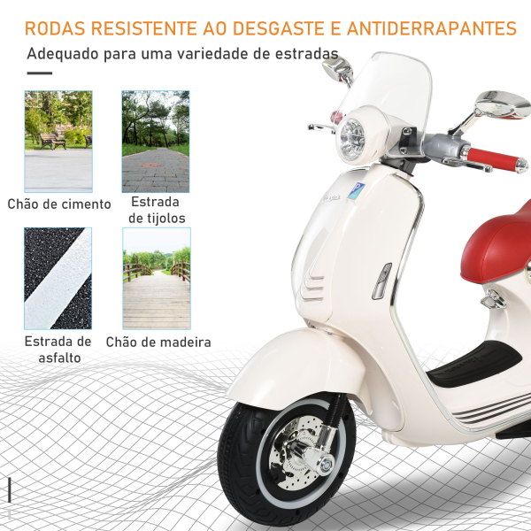 HOMCOM Mota Elétrica Vespa com Faróis Música 2 Rodas Auxiliares para Crianças acima de 3 Anos 108x49x75 cm Branco - Image 8