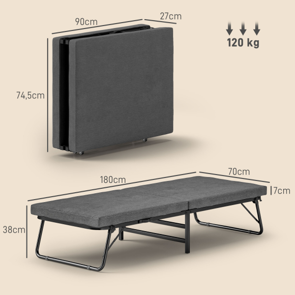 HOMCOM Cama Dobrável 70x180 cm com Colchão de Espuma Cama Dobrável com Encosto Ajustável em 5 Posições e Rodas Cinza - Image 3
